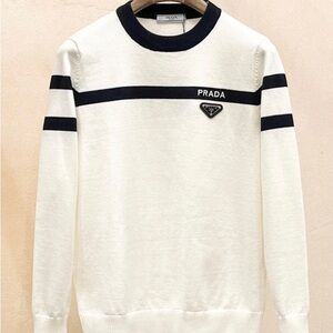 Prada Women's White and Black Crewneck Sweater